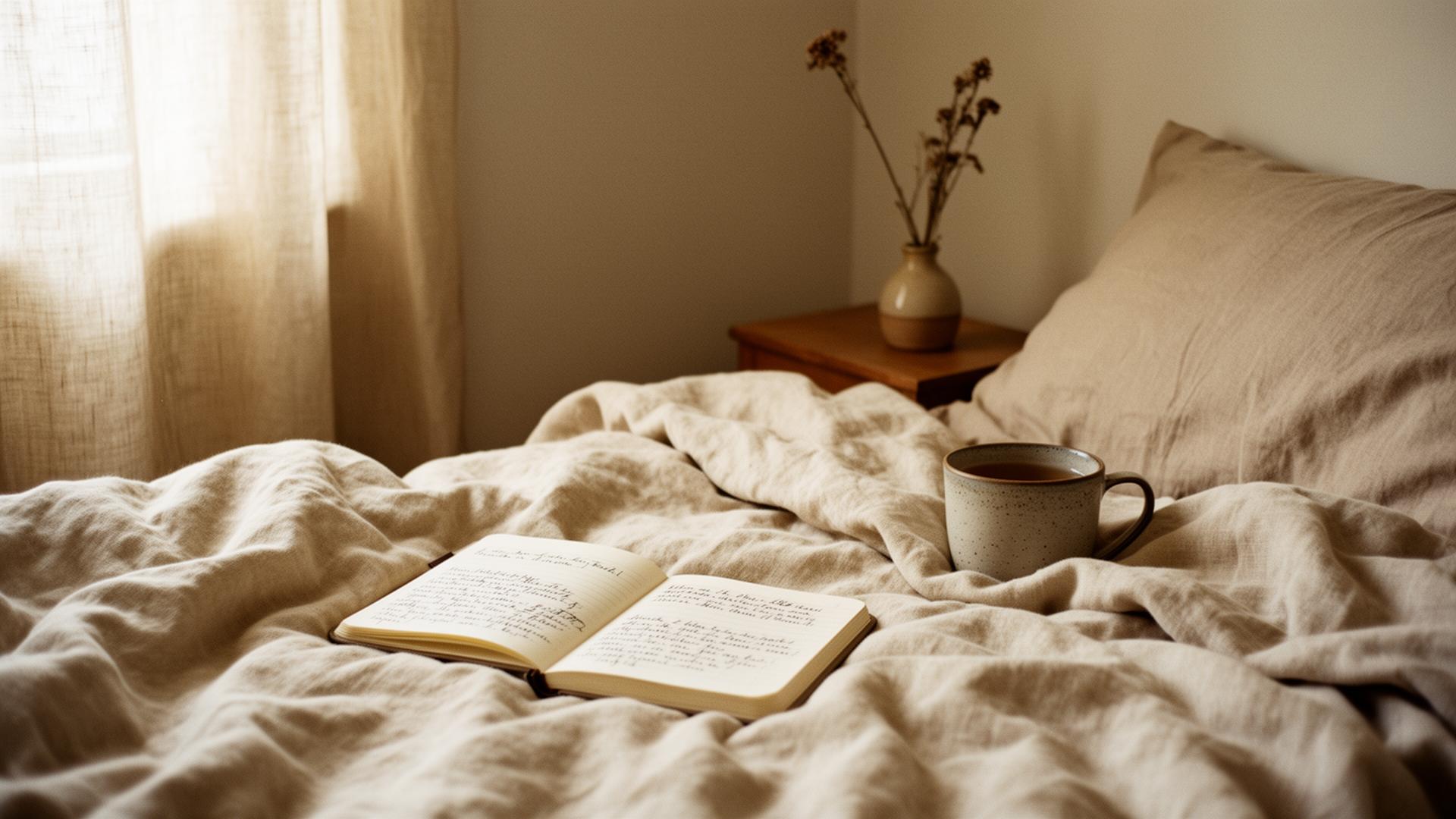 Linen bedding in warm ivory with an open journal and a stoneware cup