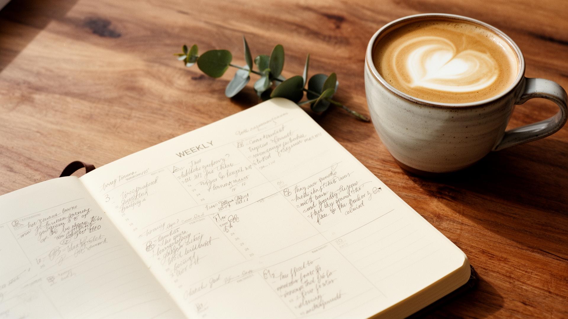 A close-up of a weekly planner page with a soft latte and a sprig of eucalyptus