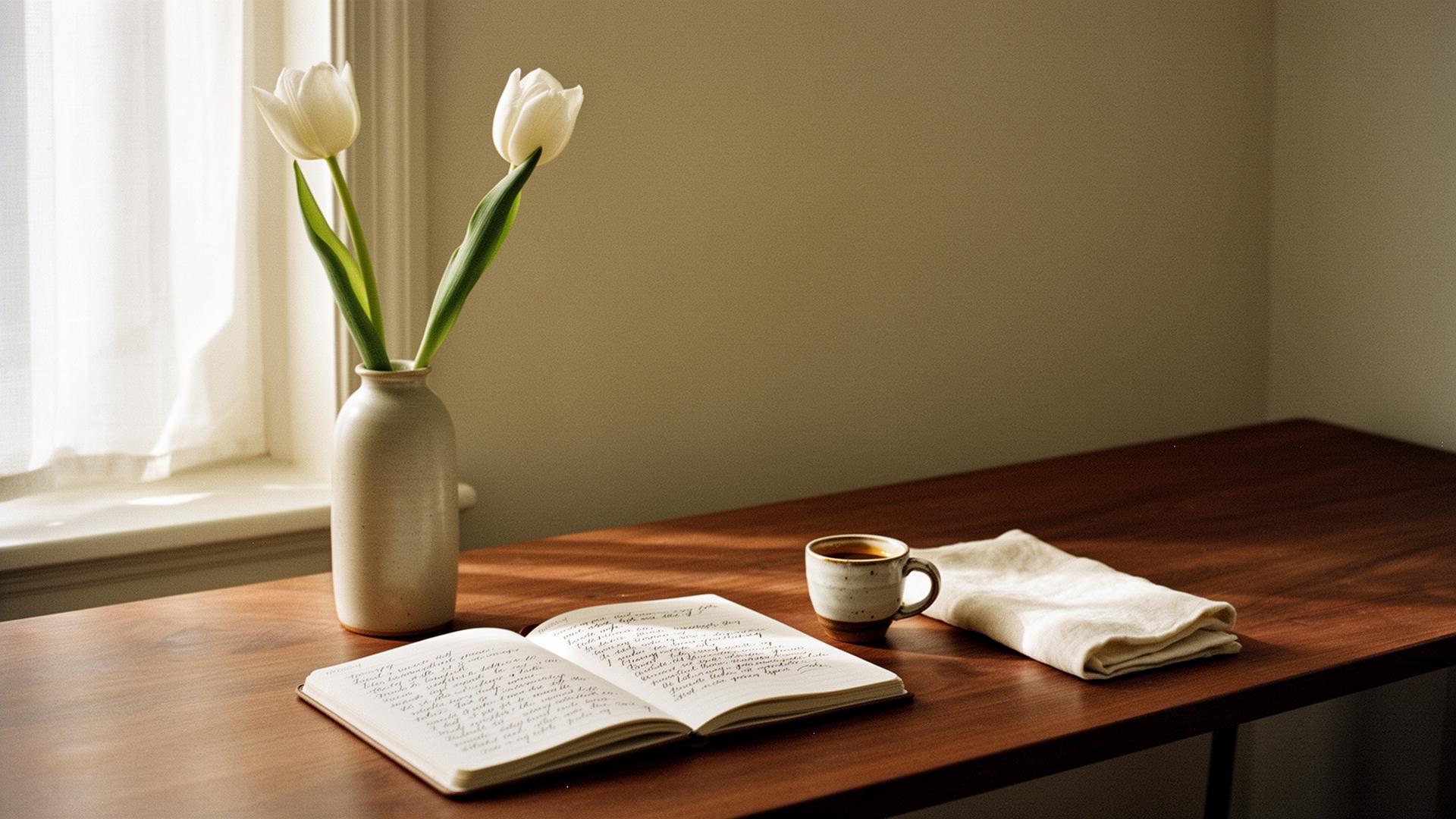 A quiet minimalist workspace with white tulips, an open planner and an espresso cup