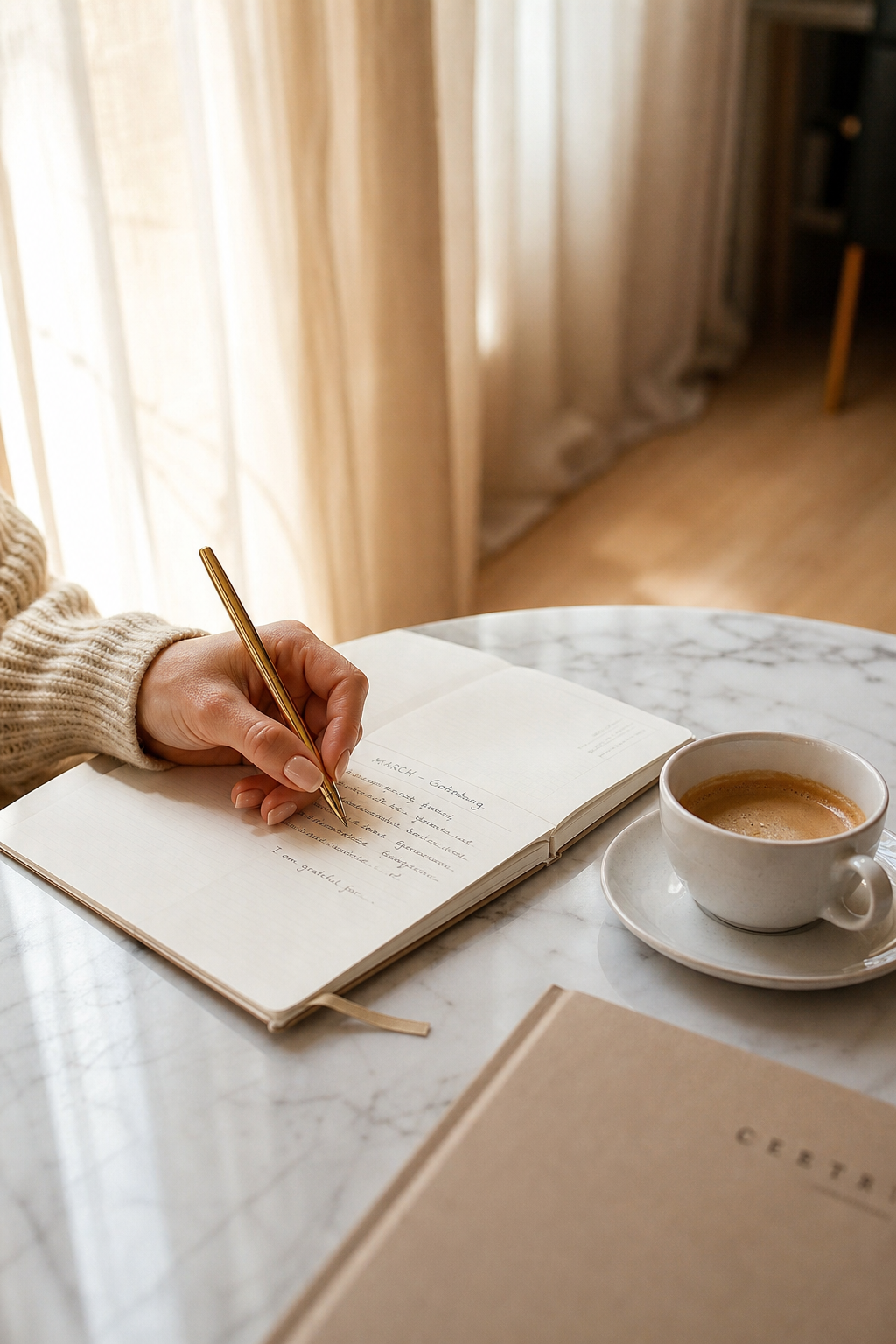 A woman journaling in a cream room