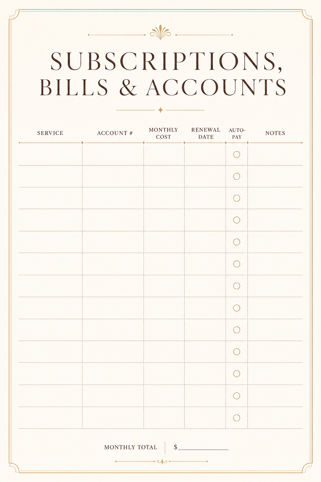 The Home Management Binder — Subscriptions, bills & accounts